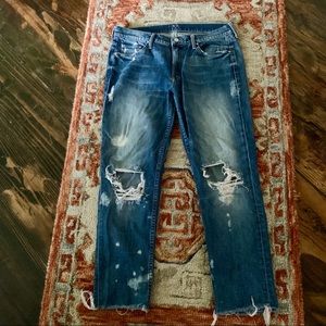 MOTHER Women Jeans Boyfriend Distressed Dark Blue Denim